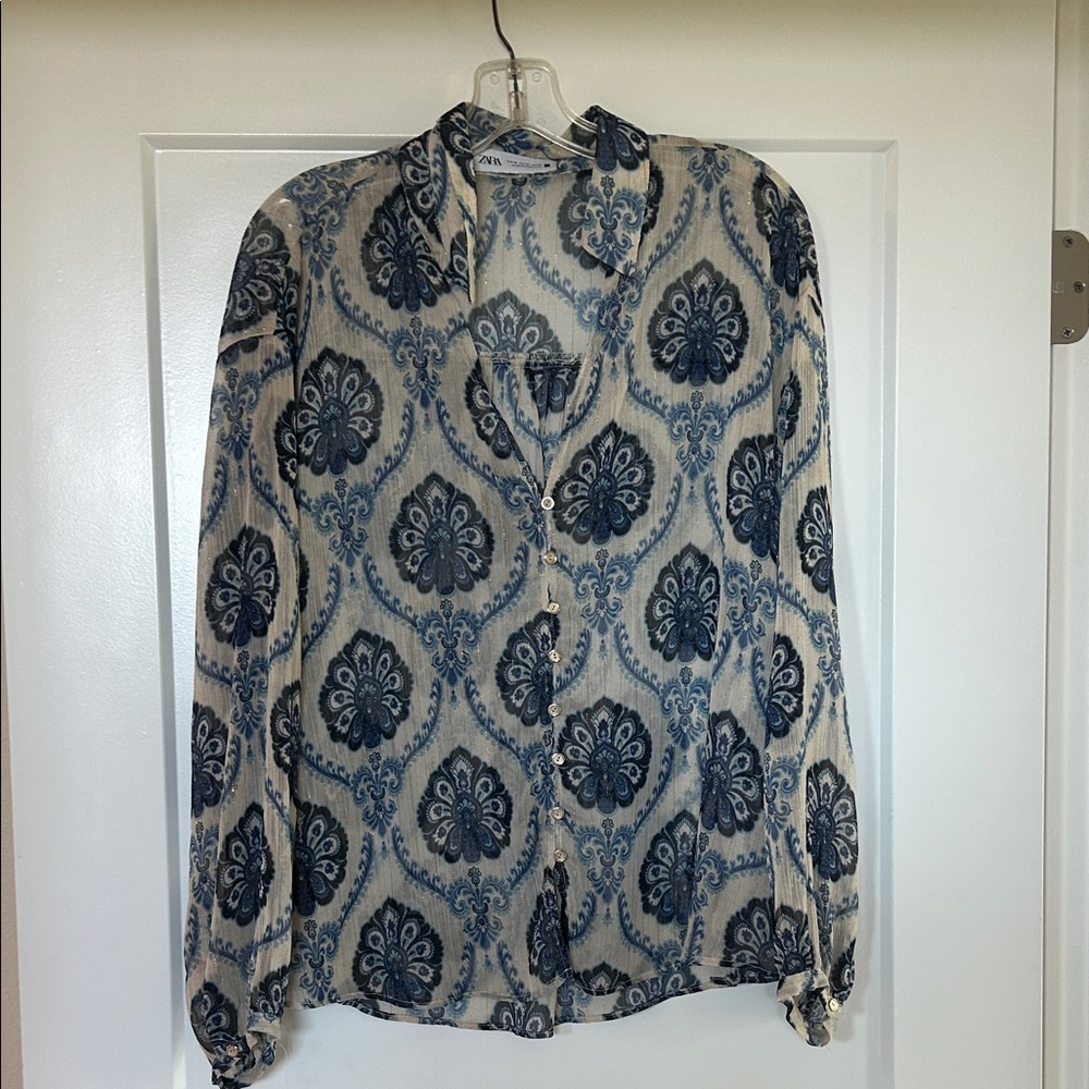 Zara Blue and Cream Floral Button Down Shirt